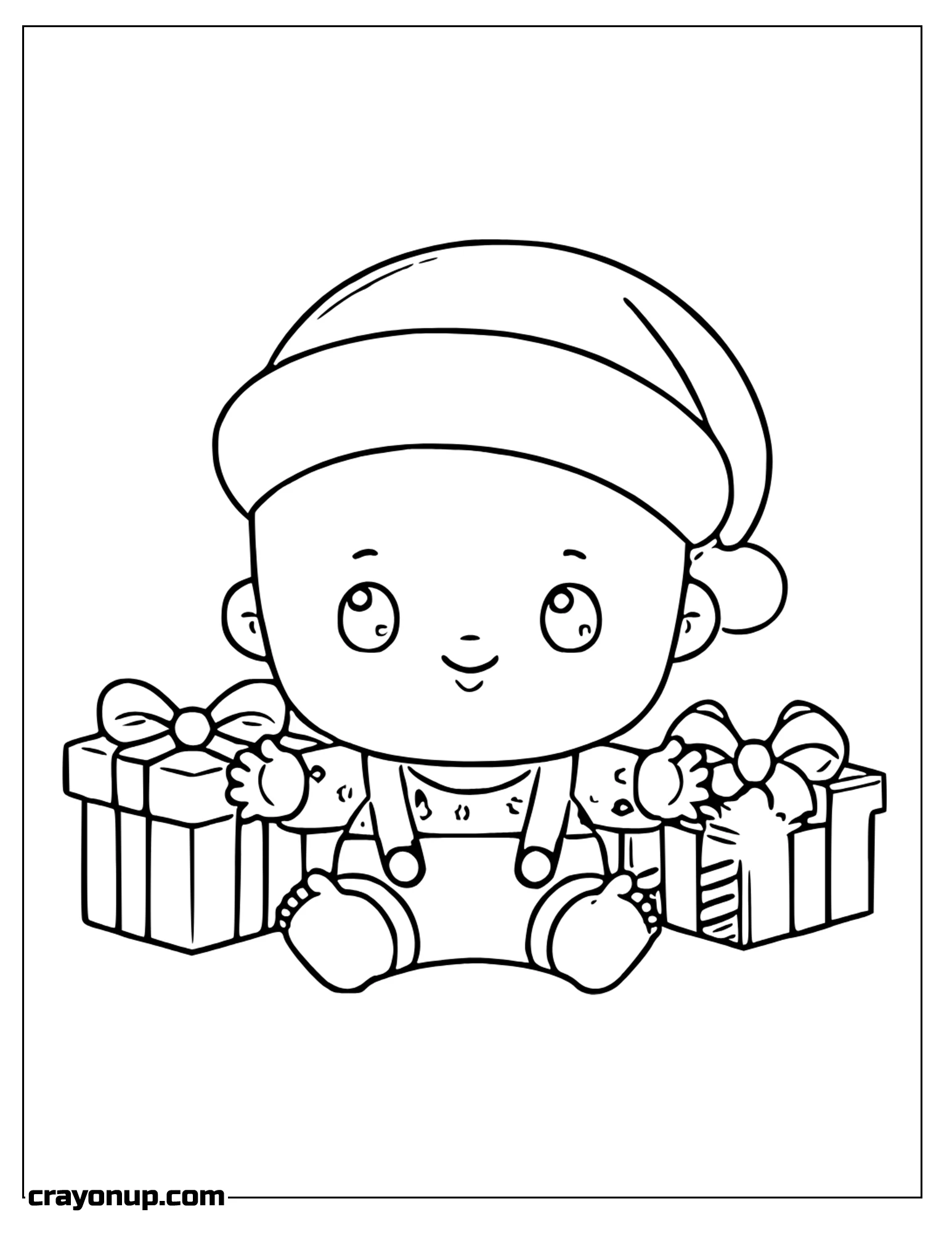 omyy Coloring Page of Baby with Christmas Clothes Setting Near of Gifts