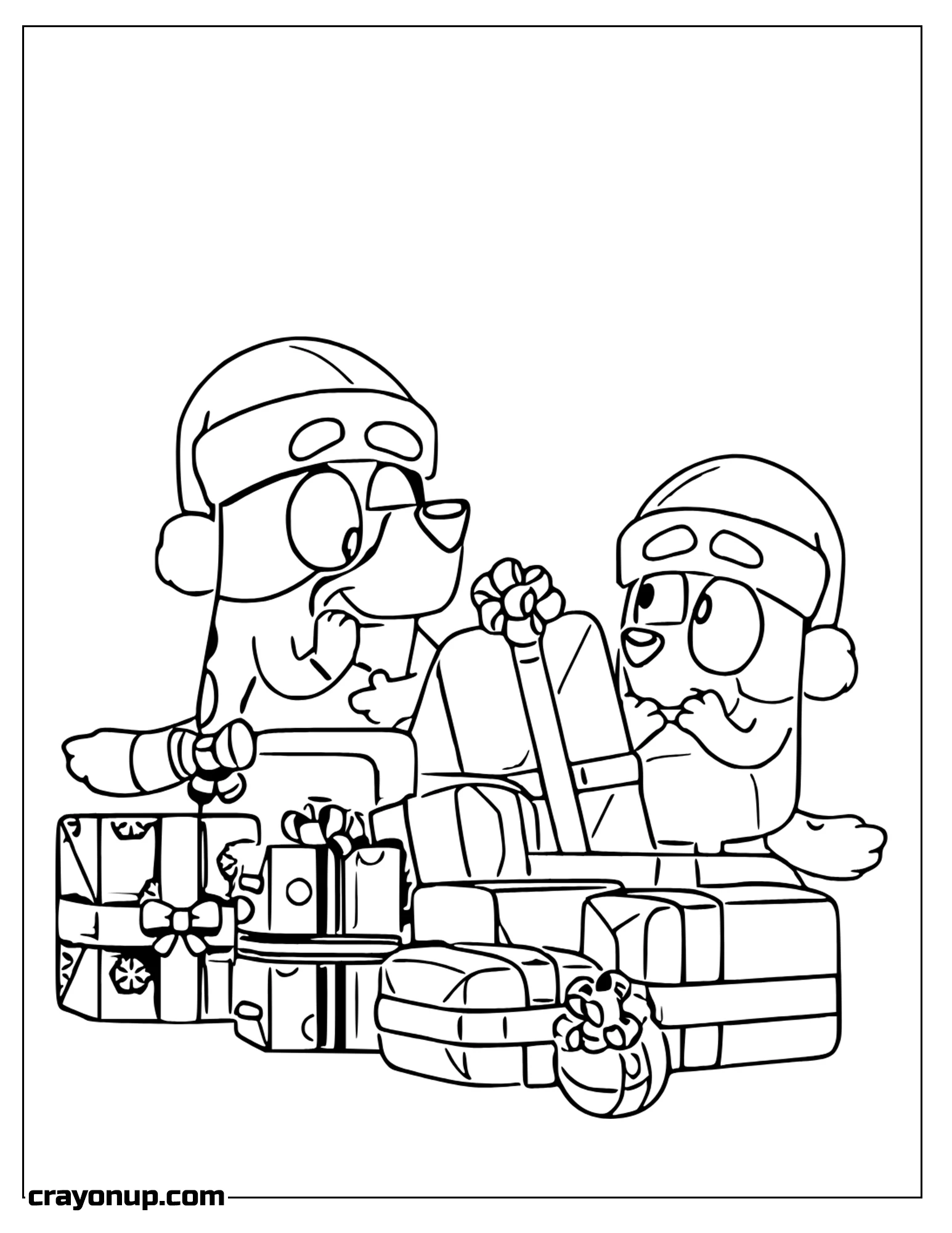 omyy Coloring Page of Bluey Characters Bandit and Chilli Heele Wearing Christmas Hat with a lot  of Gifts