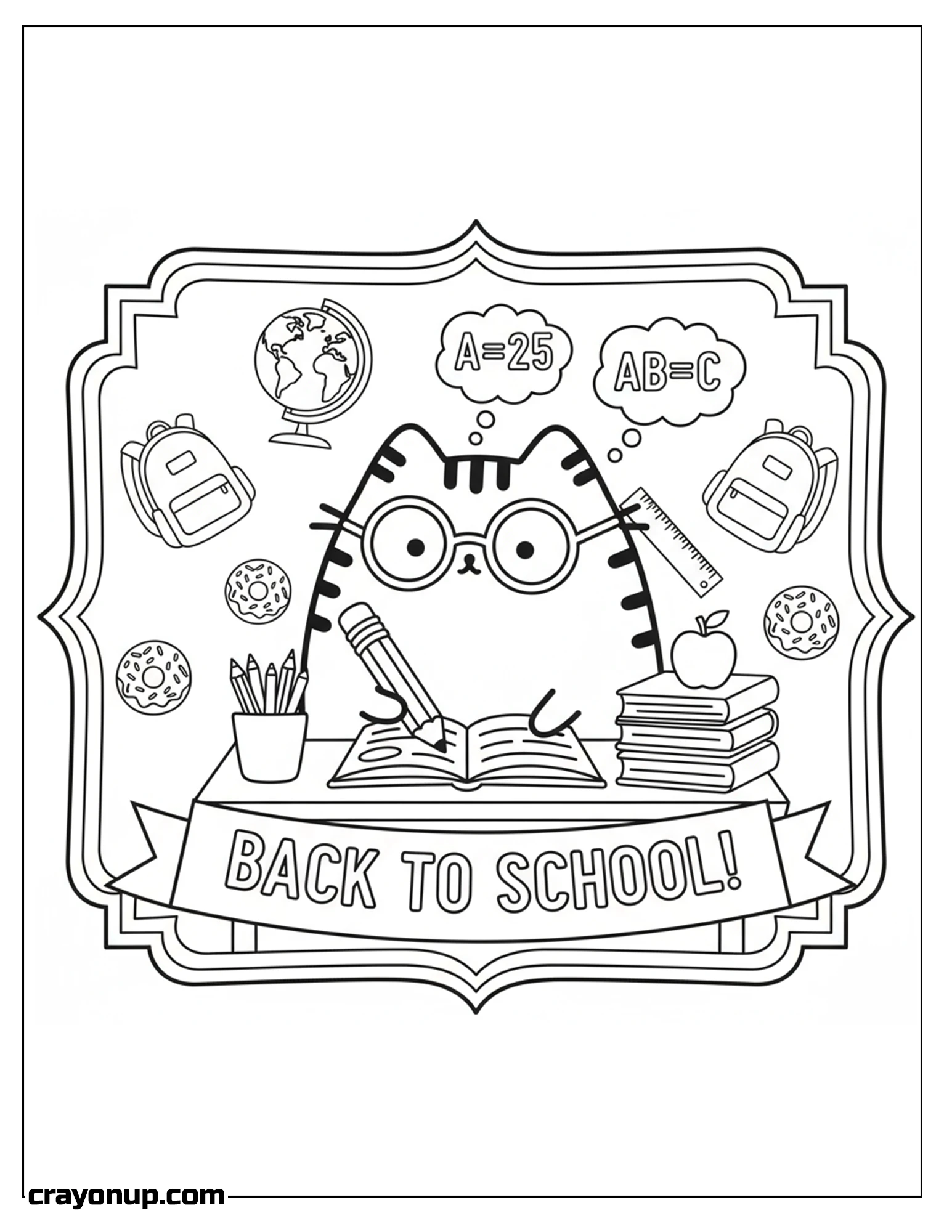 Coloring Page of Cute Pusheen back to school Printable Coloring Sheet