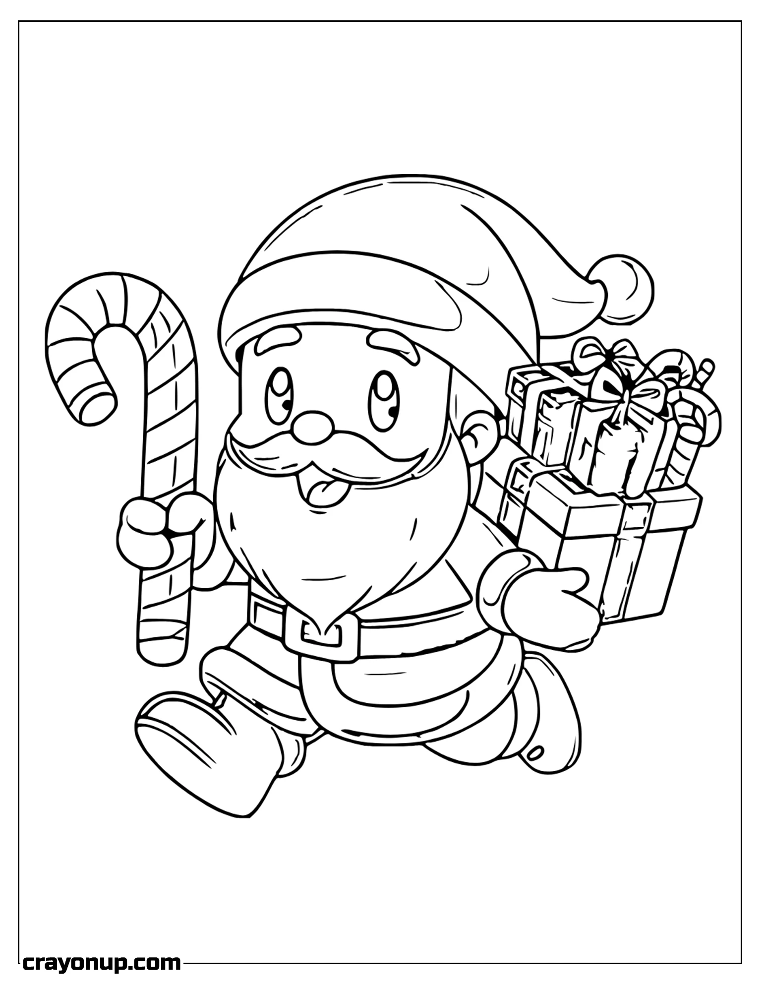 omyy Coloring Page of Cute Santa Claus Holding Candy With Right Hand and Gift With Left Hand