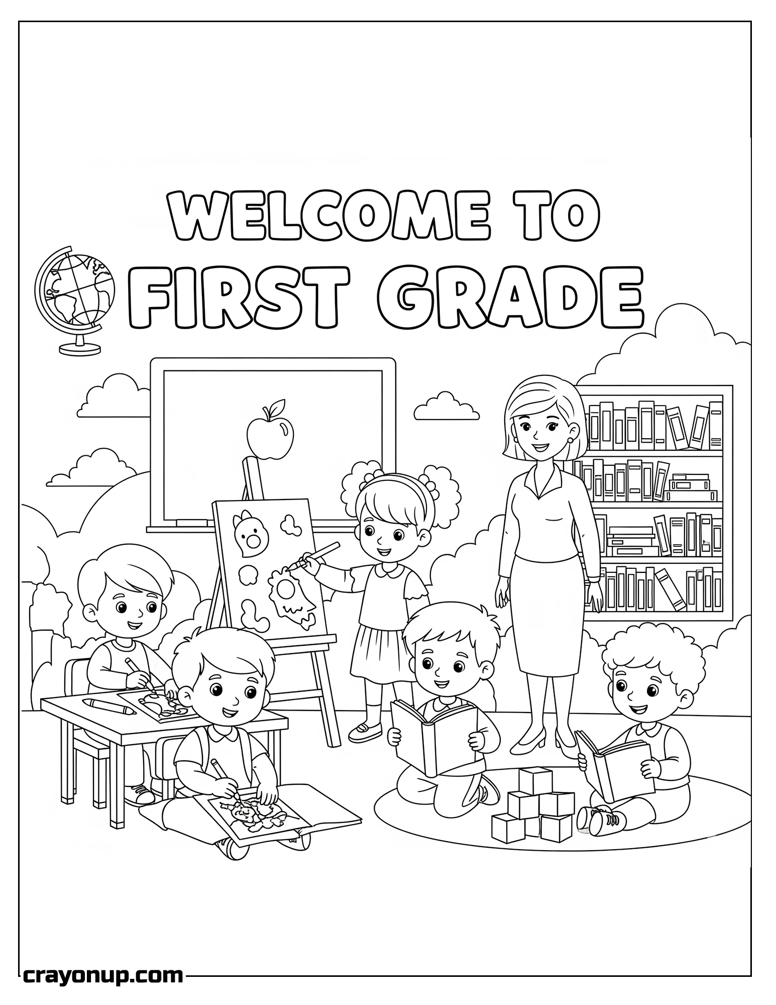 Coloring Page of Cute Welcome to First Grade Coloring Page for Students