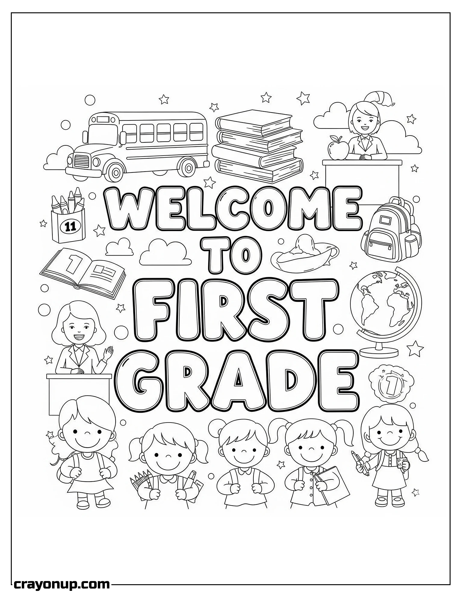 Coloring Page of Cute Welcome to First Grade Coloring Page