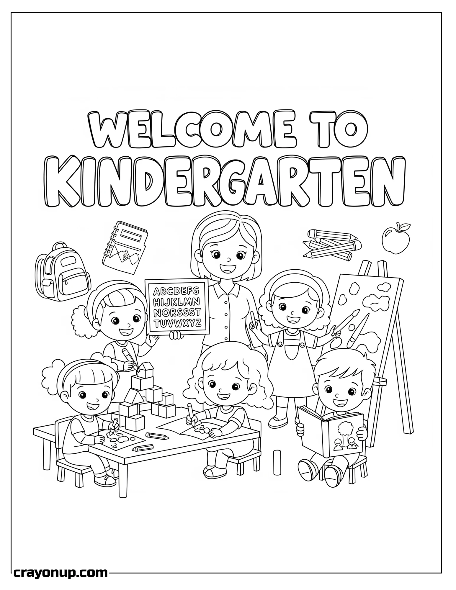 Coloring Page of Cute Welcome to Kindergarten Coloring Page