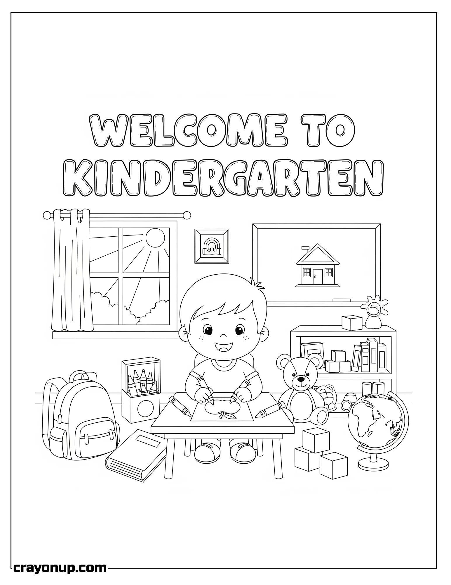 Coloring Page of Cute Welcome to Kindergarten Easy Coloring Sheet