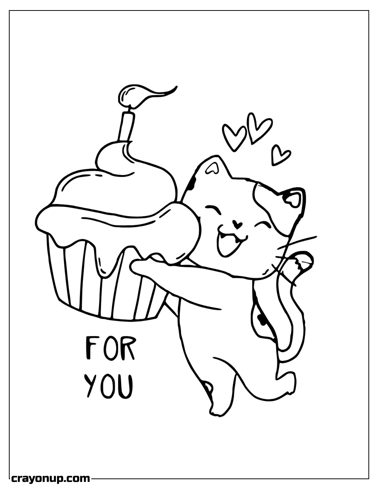 Coloring Page of Cute White Cat Holds Pink Muffin with Candle Birthday Card To Color