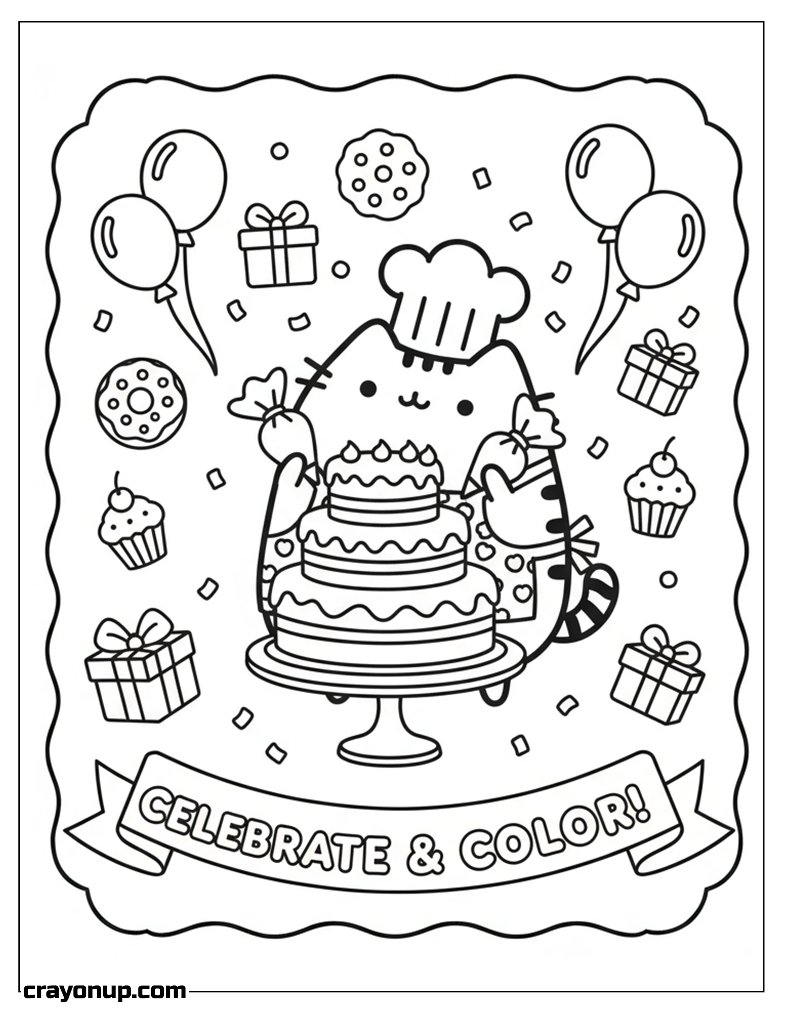 Coloring Page of Easy & Cute Pusheen celebrate Coloring Page