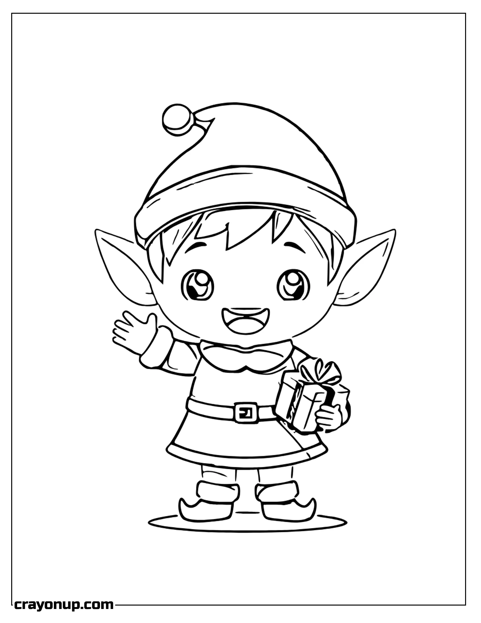 omyy Coloring Page of Elf With Christmas Clothes Waving With Right Hand and Holding the Gift with Lift Hand