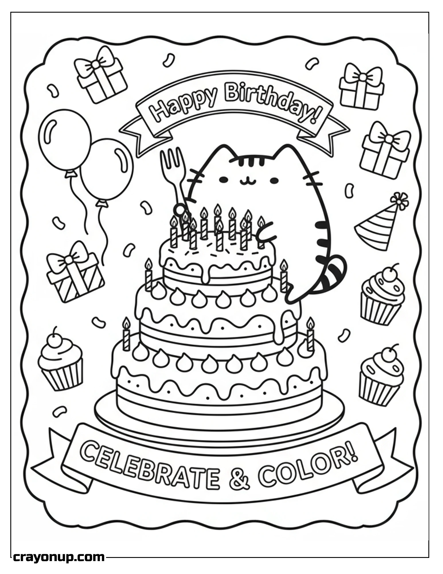 Coloring Page of Free celebrate Pusheen Coloring Sheet for Children