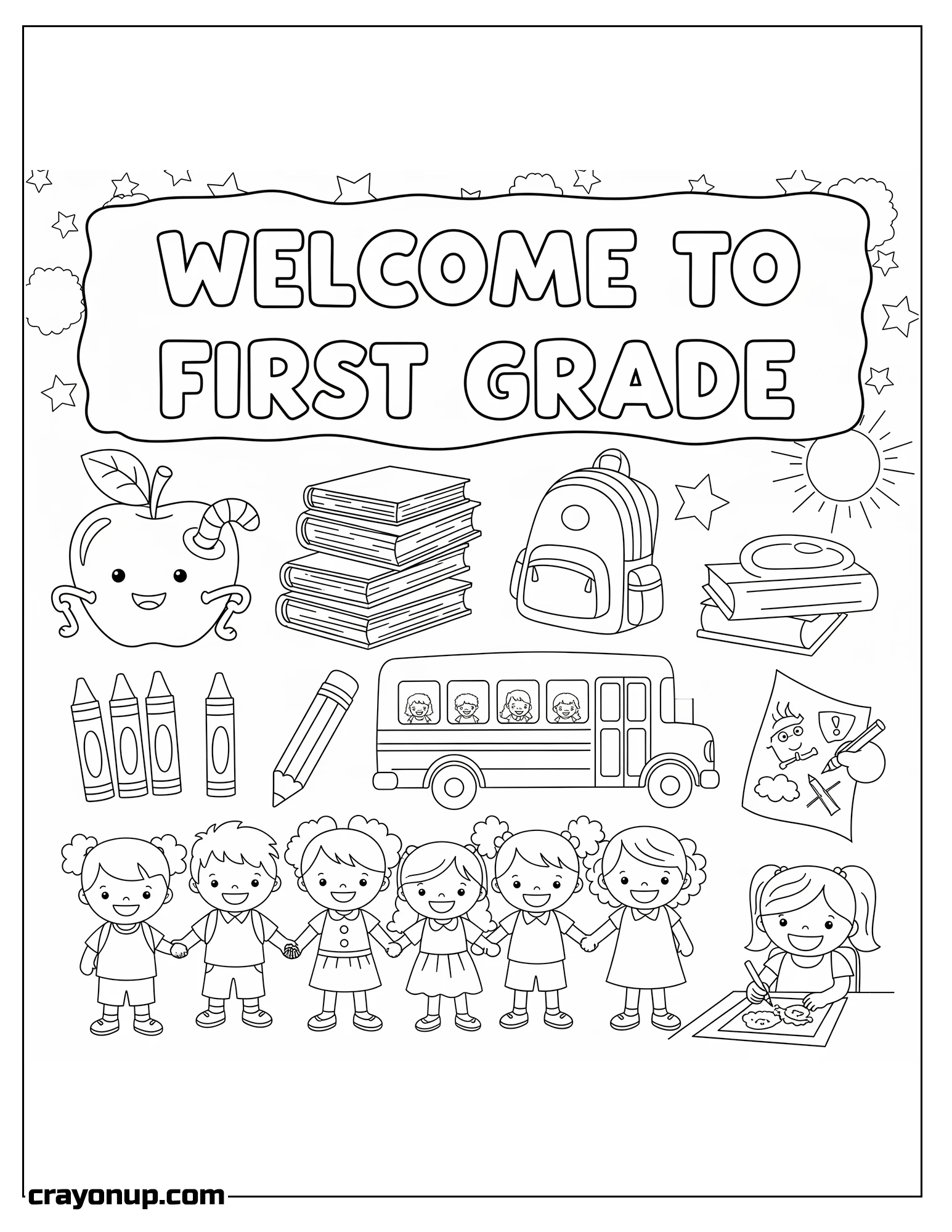 Coloring Page of Fun Welcome to First Grade Printable Coloring Page