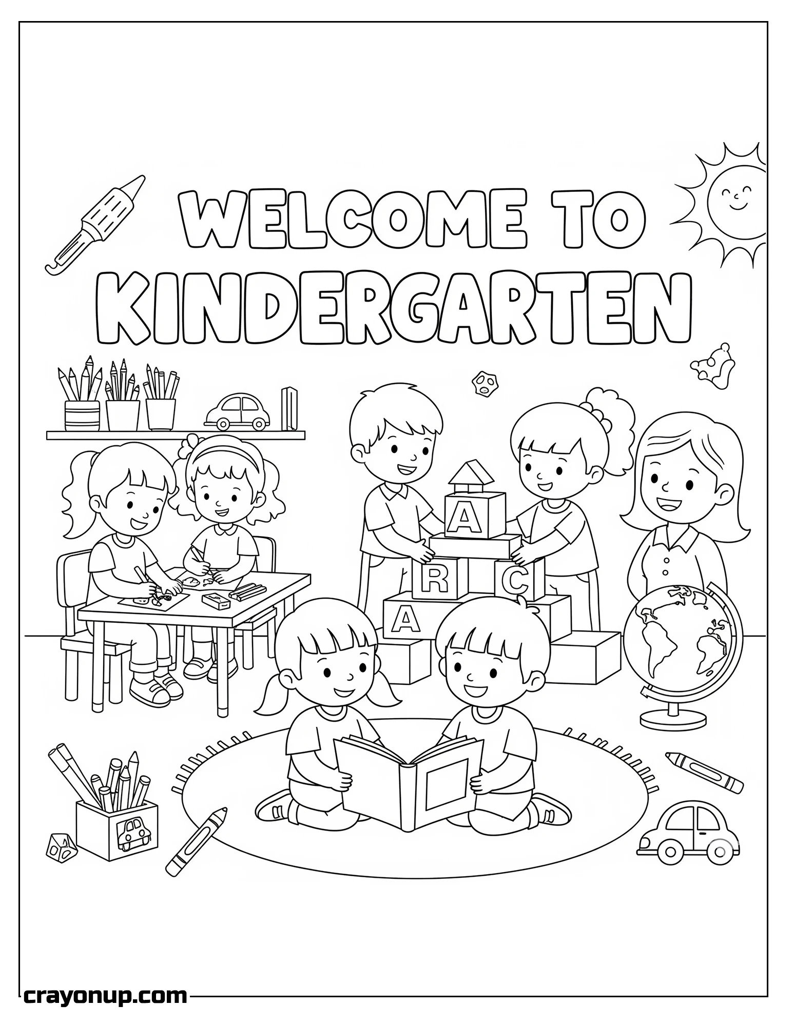 Coloring Page of Fun Welcome to Kindergarten Printable Coloring Page
