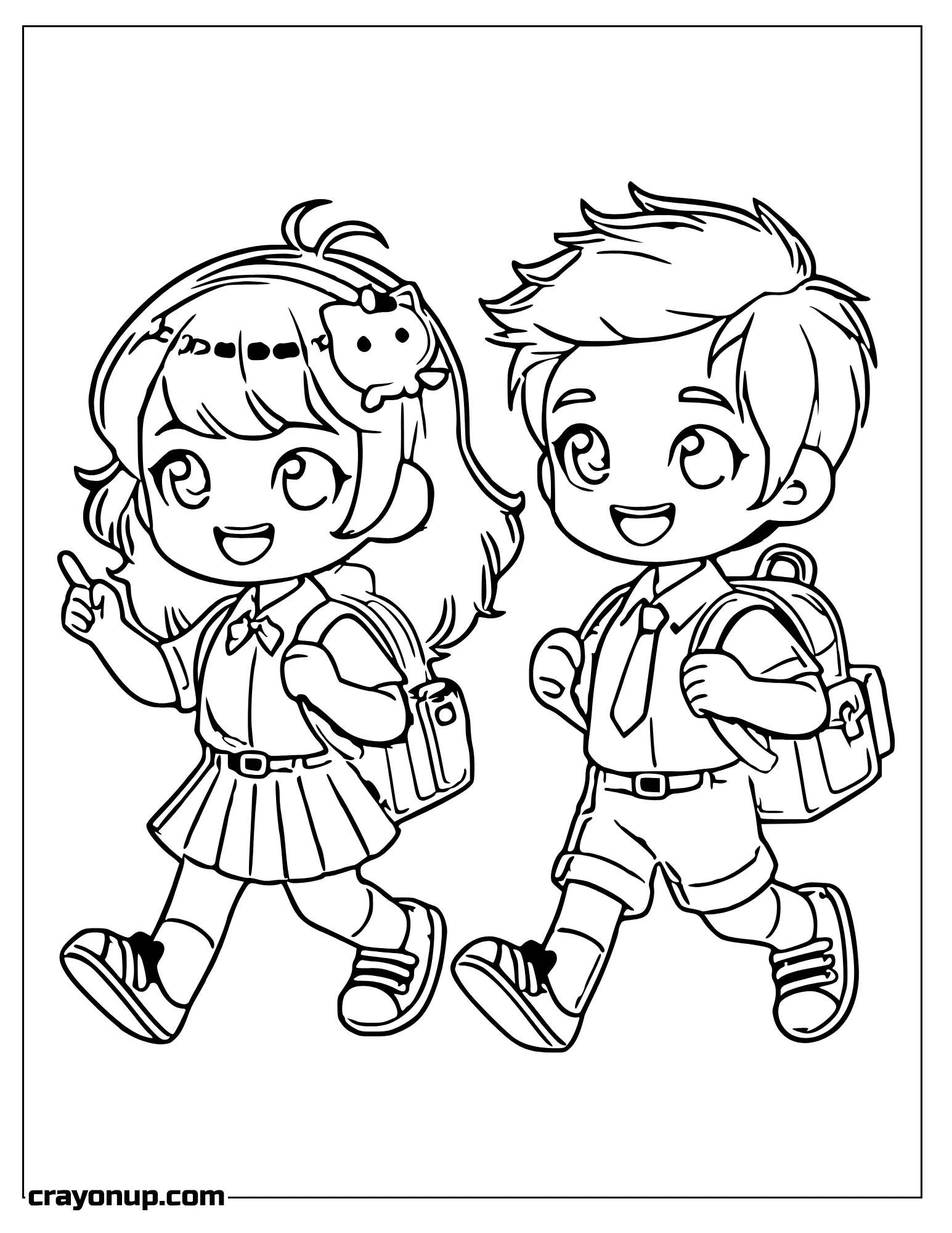 omyy Coloring Page of Girl and Boy with School Uniform and backpack Heading to School