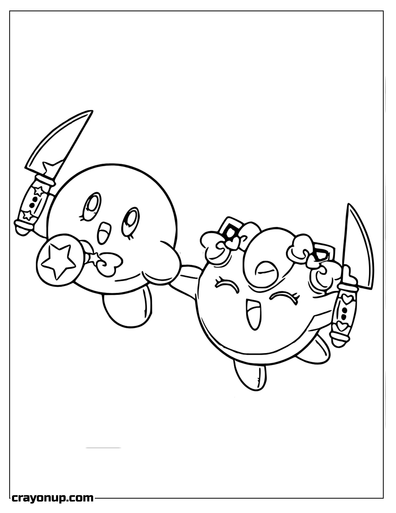 Coloring Page of Happy Kirby and Jigglypuff Holding Knifes To Color