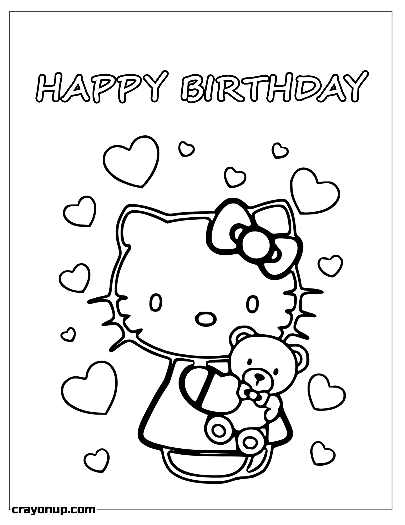 Coloring Page of Hello Kitty with Bear Toy Birthday Card Coloring Pages