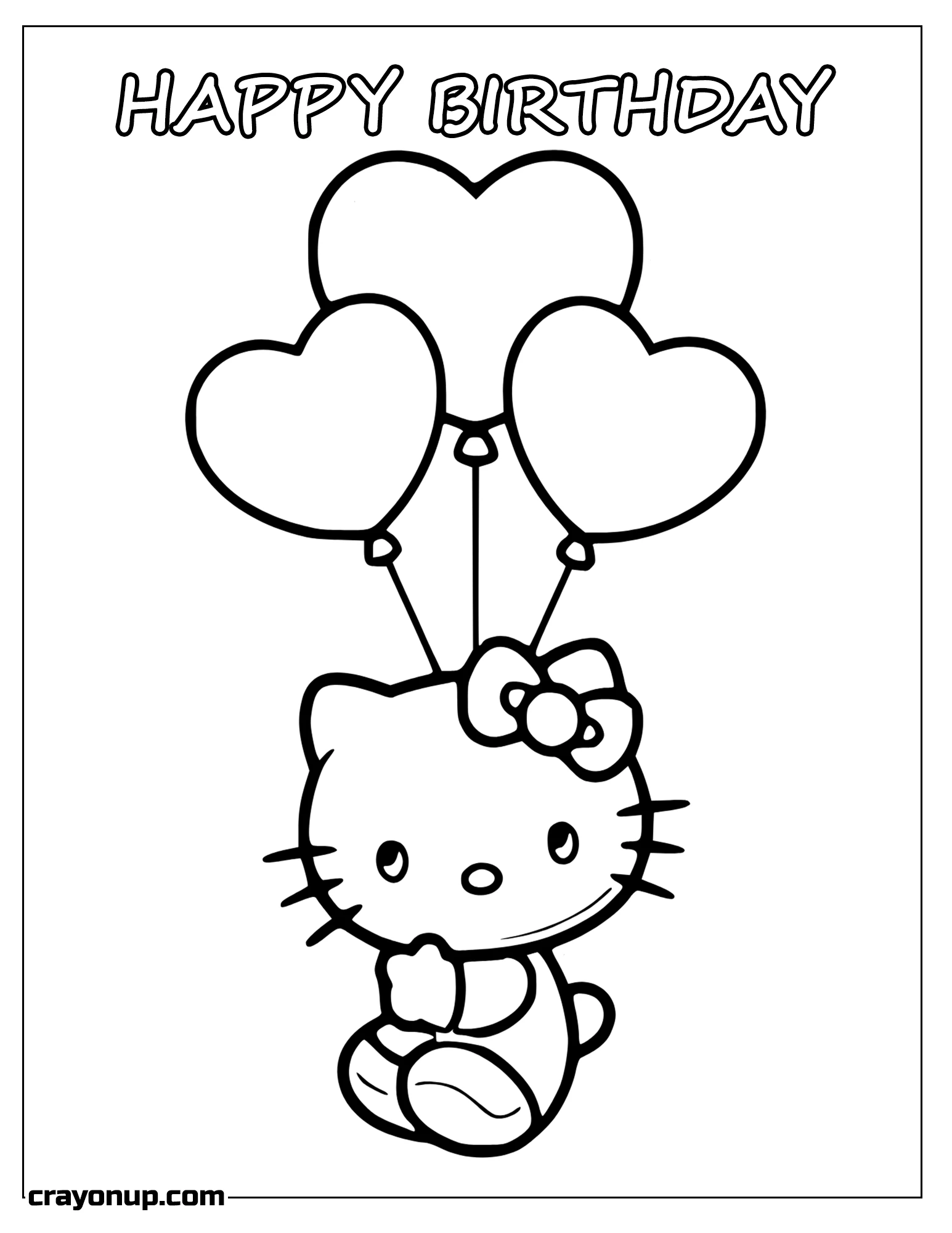 Coloring Page of Hello Kitty with Heart Ballons Birthday Card Coloring Sheet