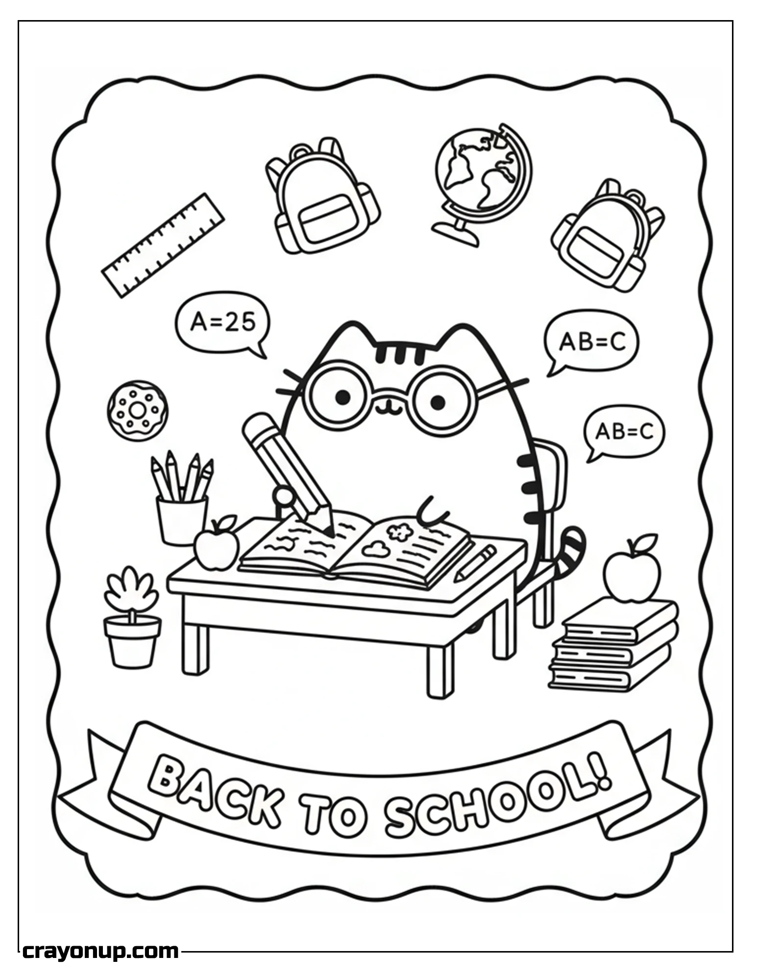 Coloring Page of Kawaii Pusheen back to school Coloring Sheet for Kids
