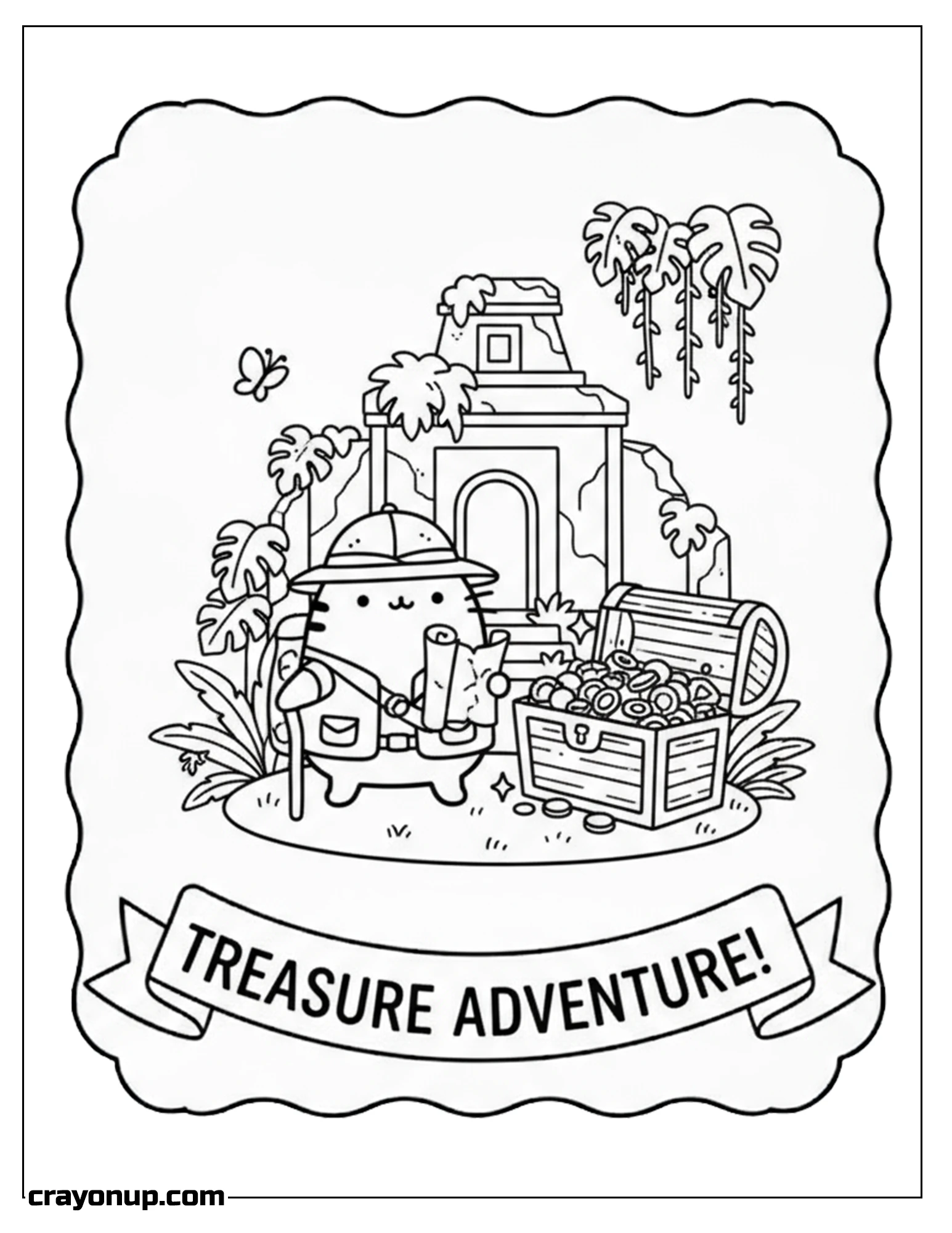 Coloring Page of Kawaii Pusheen treasure adventure  Easy Coloring Page