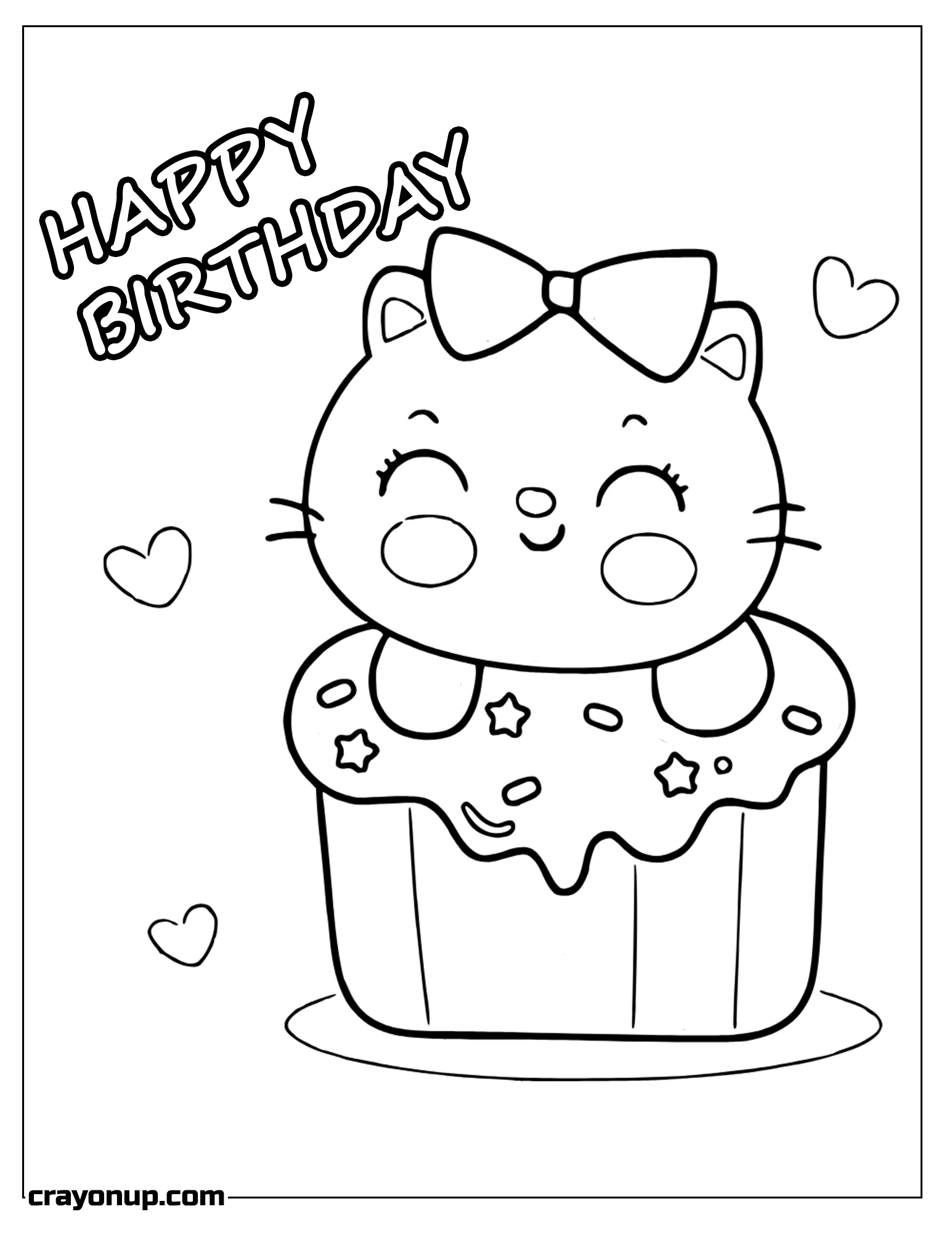 Coloring Page of Kawaii White Cat Birthday Card Coloring Pages