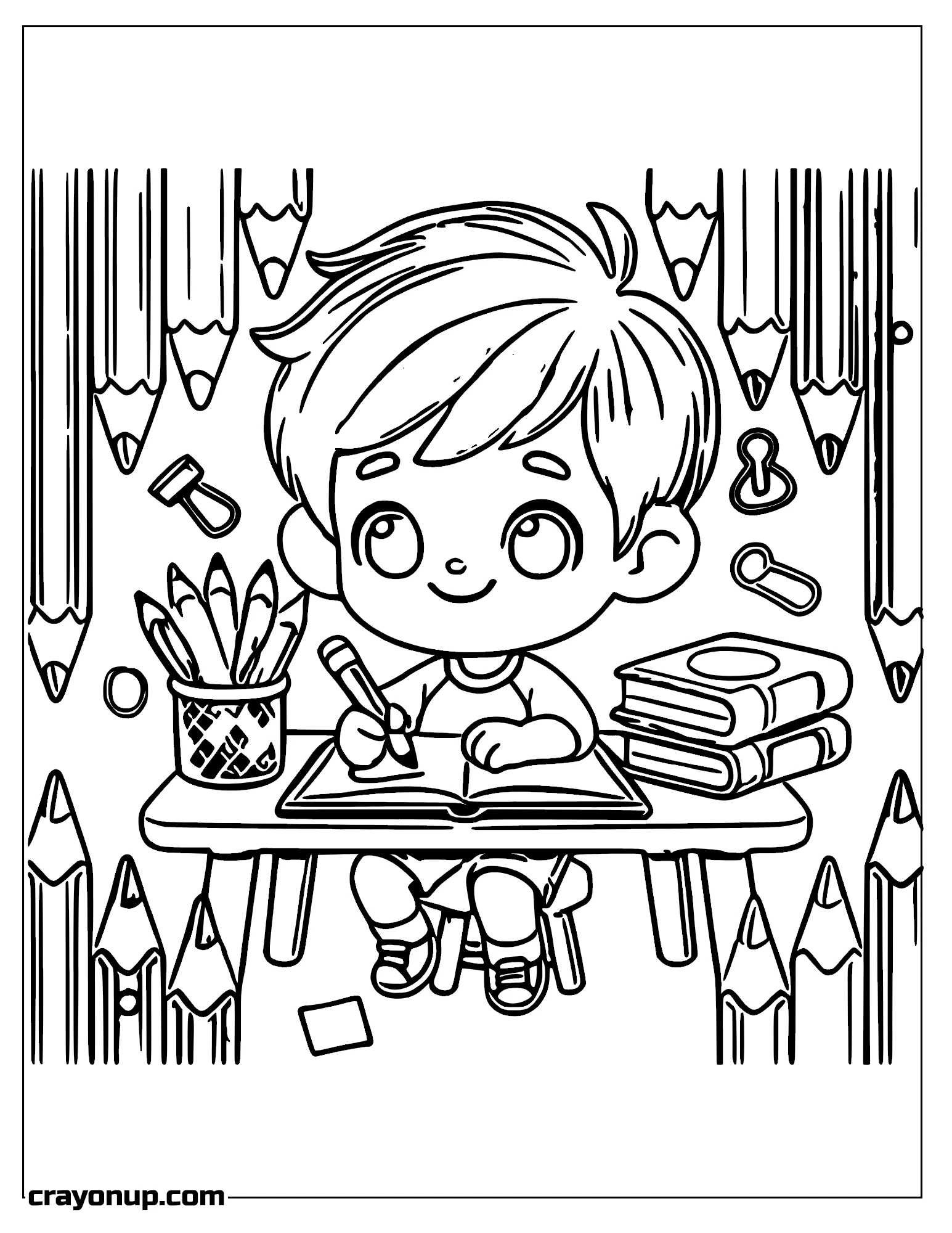 omyy Coloring Page of Little kid Studying Holding Pencil in Right Hand