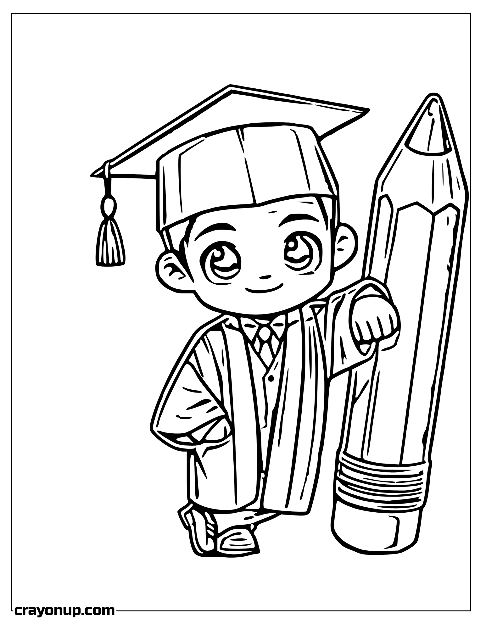 omyy Coloring Page of Little Kid Wearing Graduation Uniform Leaning on Big Pencil