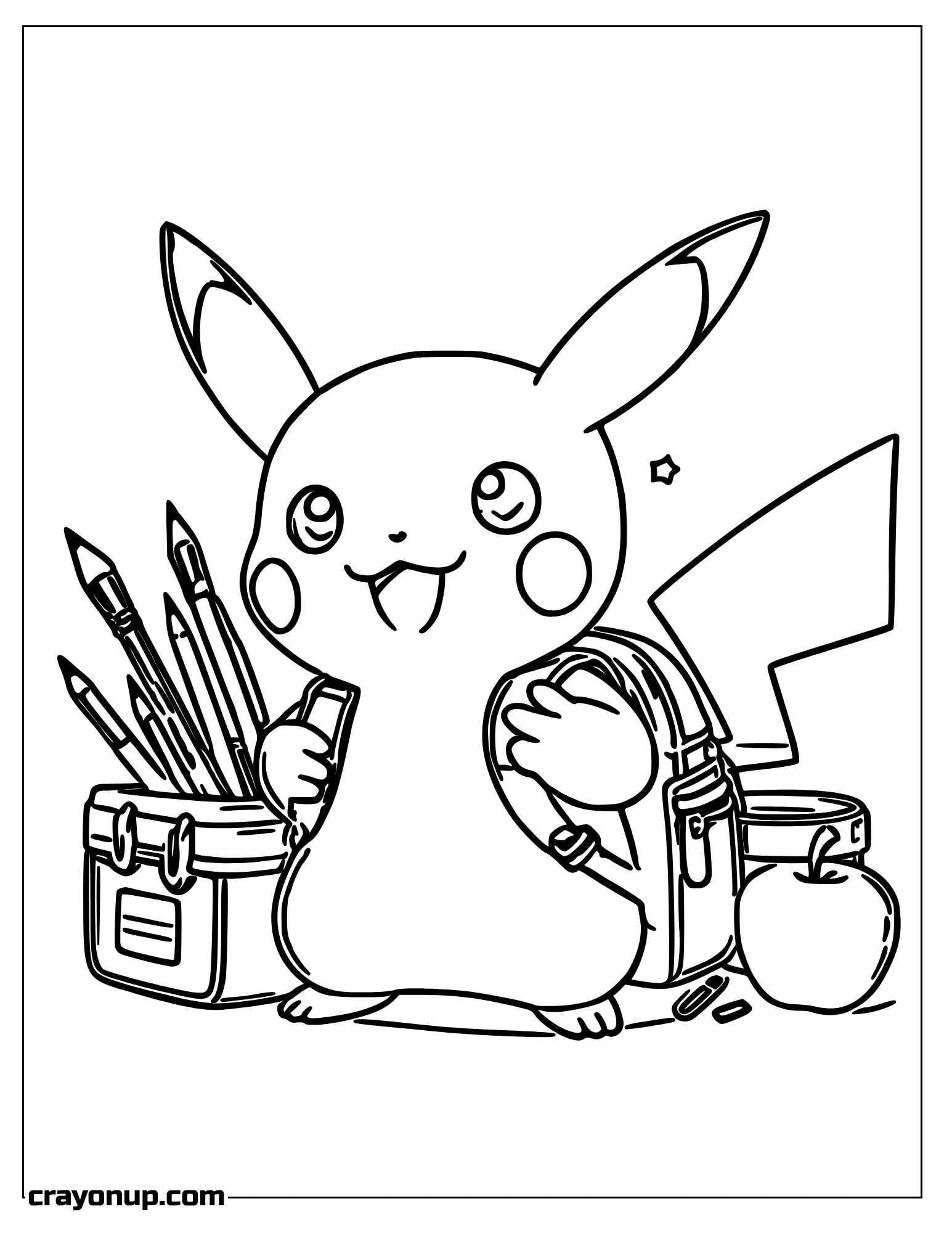 omyy Coloring Page of Pikachu Wearing Backpack Standing Aside with School Supplies and Apple