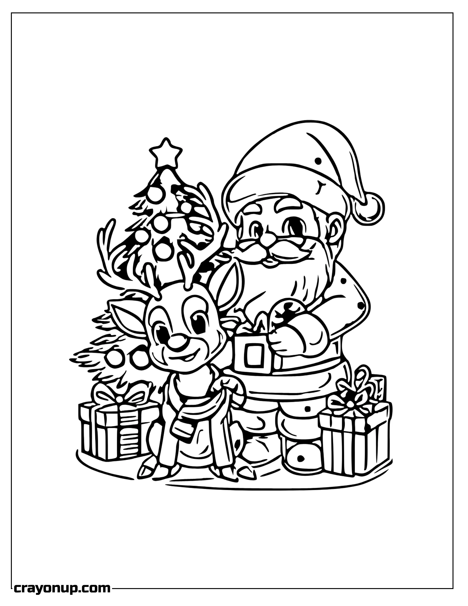 omyy Coloring Page of Santa Claus and Deer With Gifts Standing Front Christmas Tree