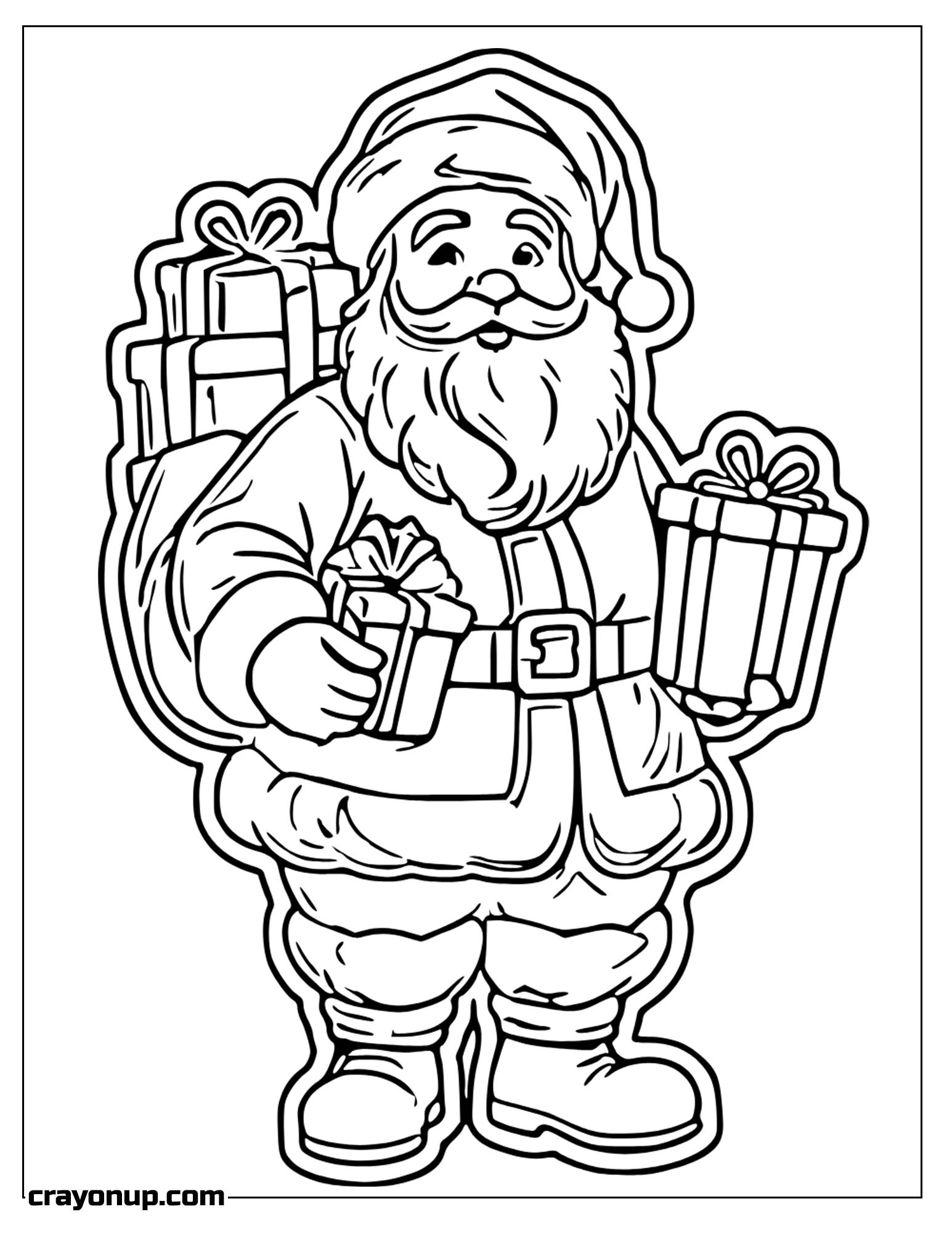 omyy Coloring Page of Santa Claus With Backpack Holding Gifts