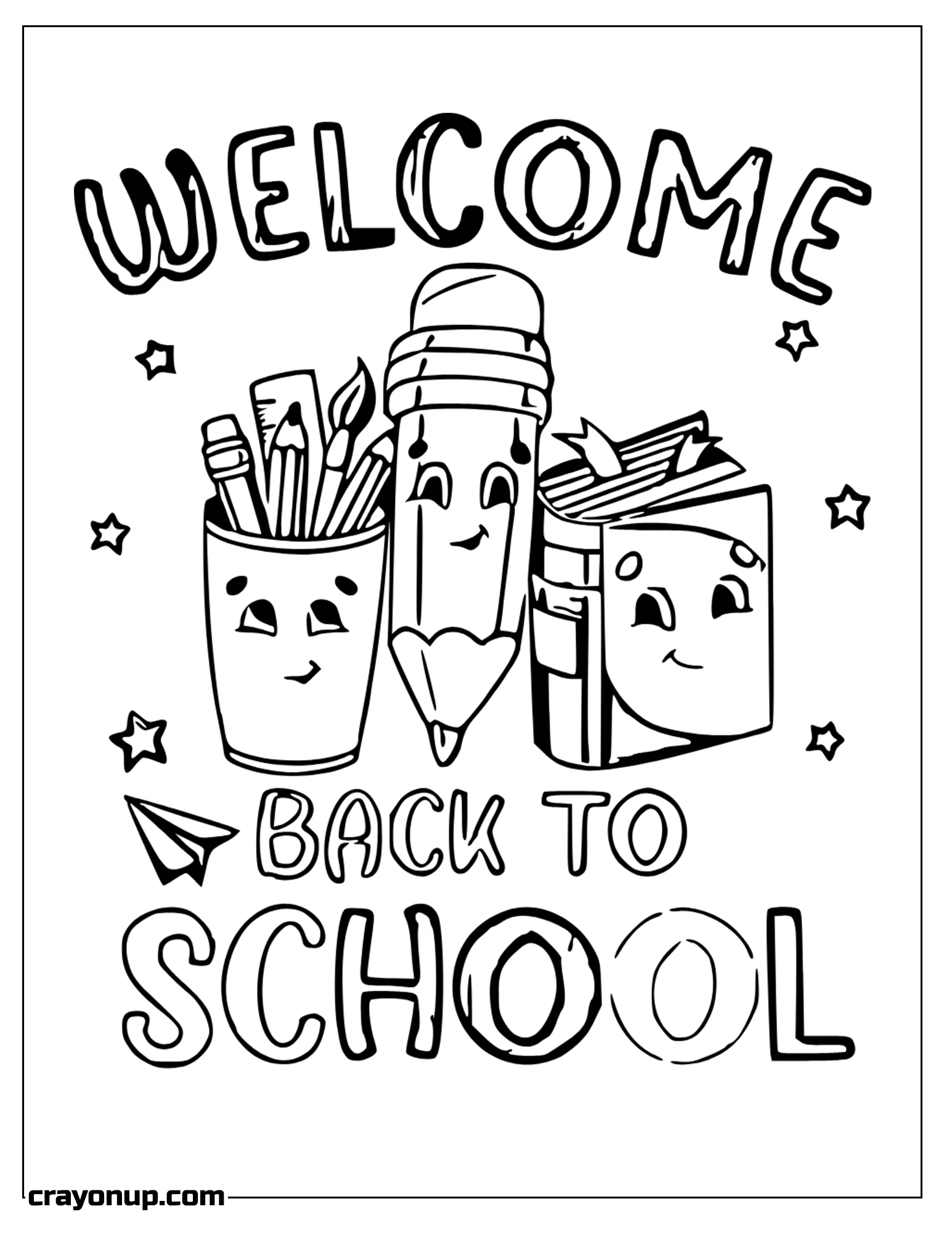 omyy Coloring Page of Smiley Faces of Pencil Cup, Big Pencil and Book