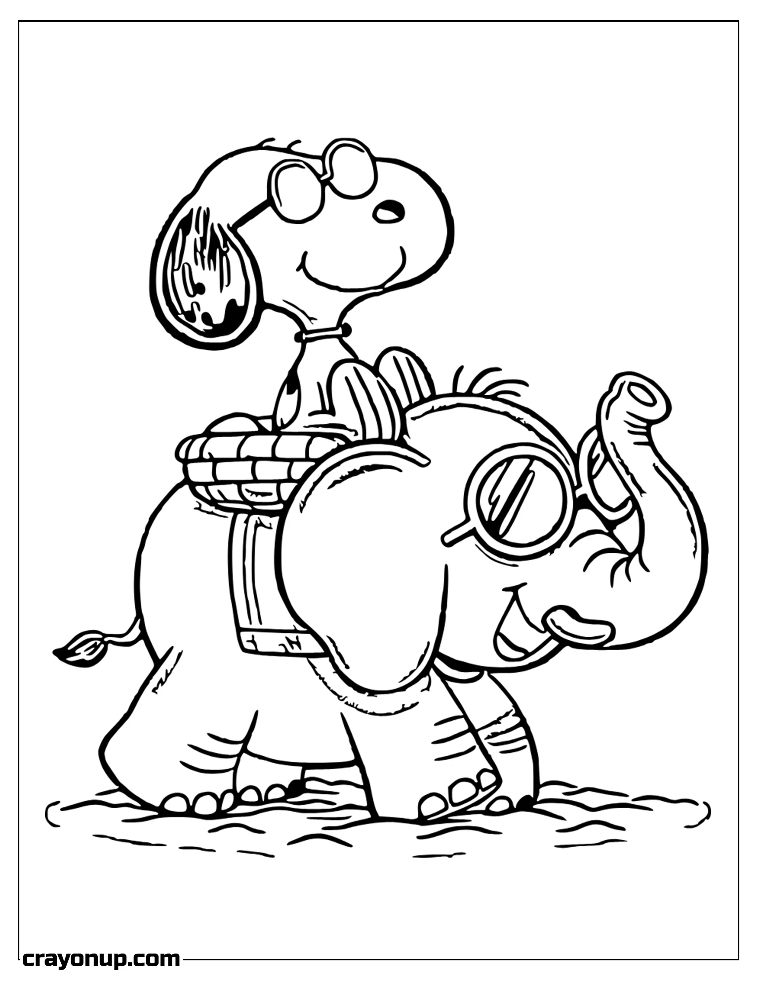 Coloring Page of snoopy Riding Elephant Coloring Sheet