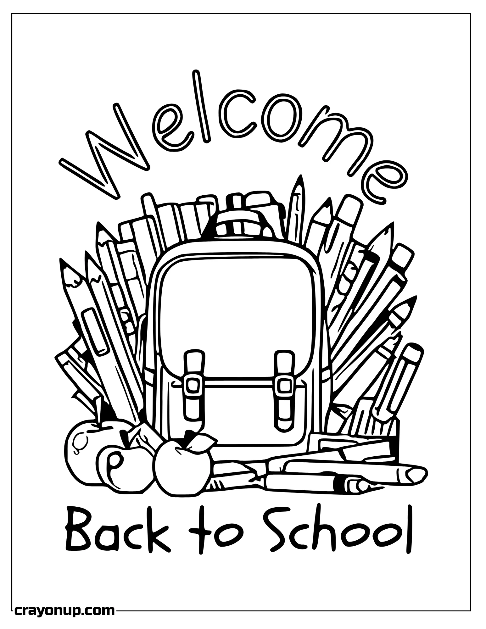 omyy Coloring Page of Welcome Back to School Phrase with Backpack and School Supplies