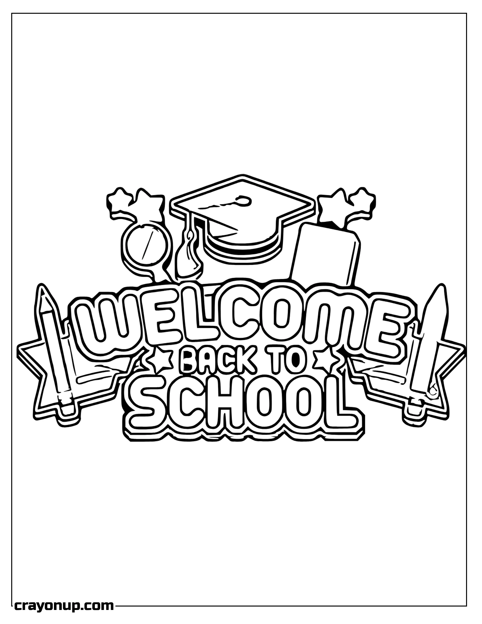 omyy Coloring Page of Welcome Back to School Phrase with Graduation Cap in the Top Two pencils in Sides